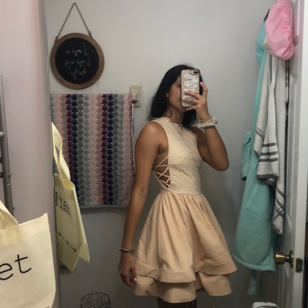 Nude Open side Flowy Formal dress High neck mini